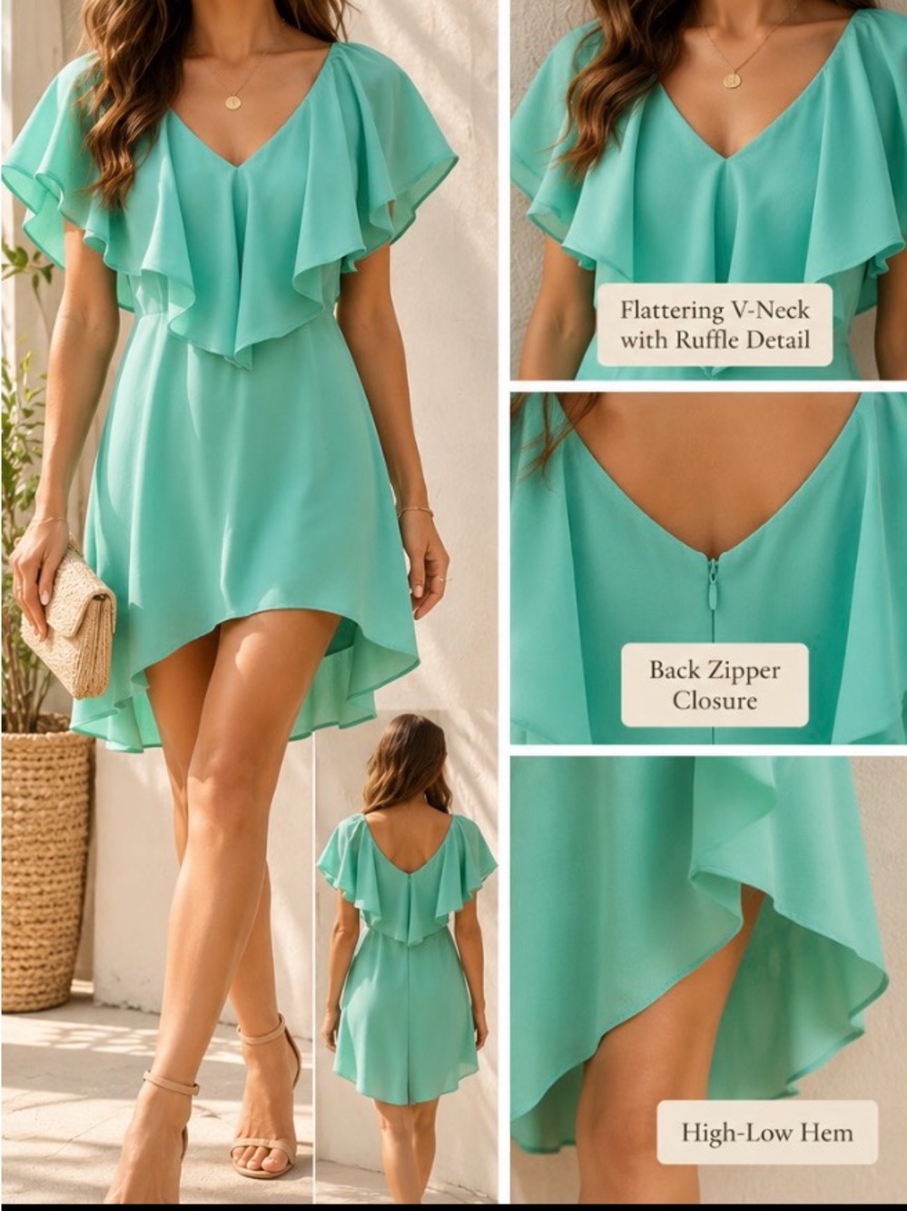 V-Neck Ruffle High-Low Dress - Mint Green
